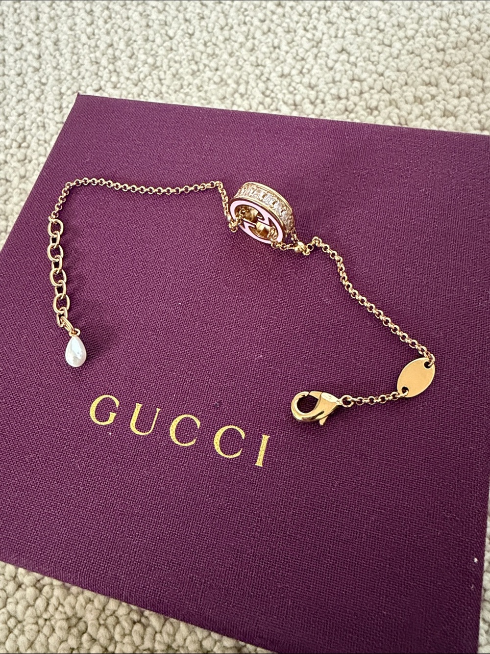 NIB-Gucci Gold pink enamel Blondie Bracelet with Crystals and pearl. 7.5 inches - Picture 4 of 4